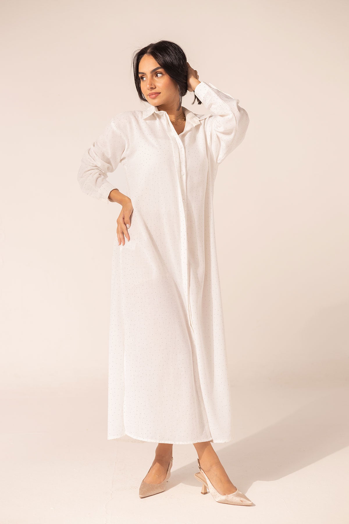 White Sparkle Linen Shirt Dress