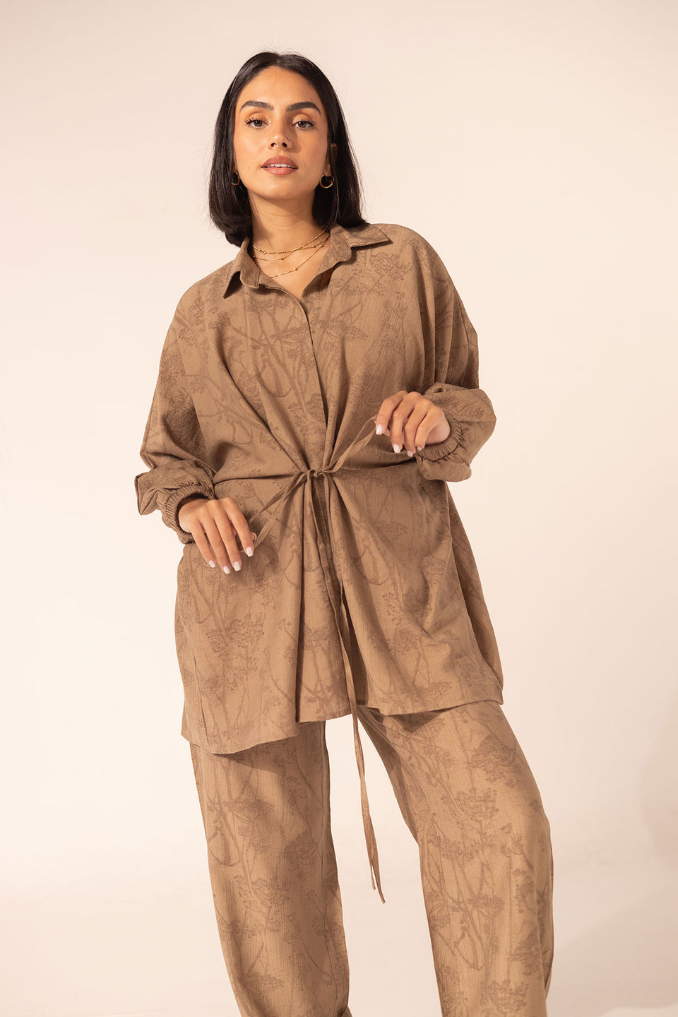 Brown Printed Rayon Modest Two-Piece Set