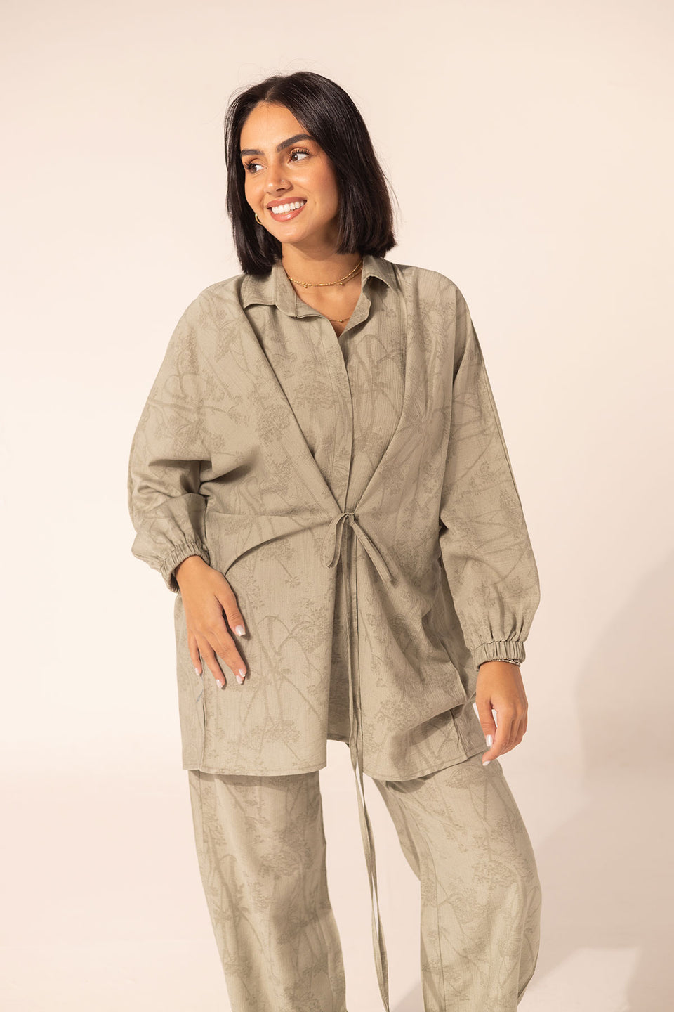 Olive Printed Rayon Modest Two-Piece Set