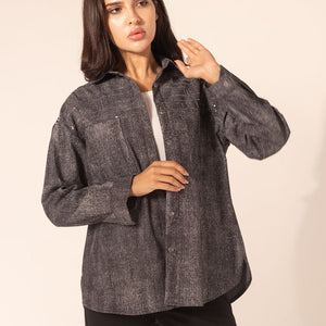 Black Denim Sparkle Embroidered Shirt