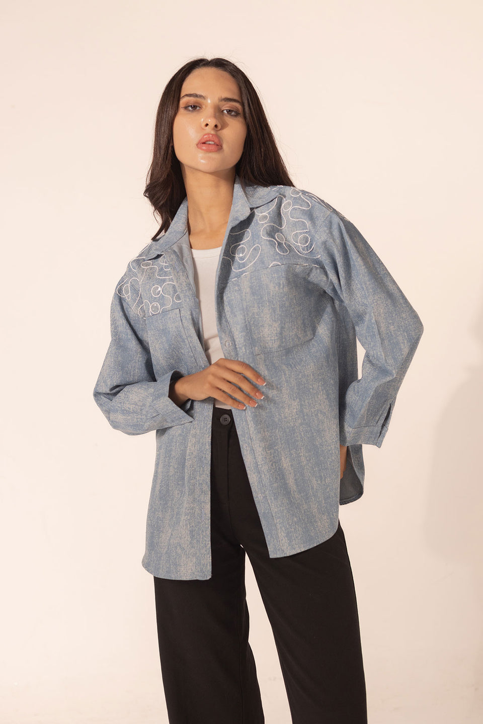 Blue Denim Circular Embroidered Shirt
