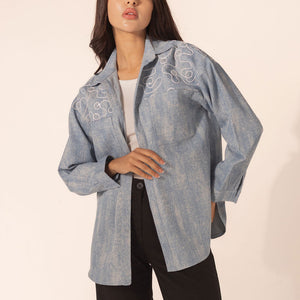 Blue Denim Circular Embroidered Shirt