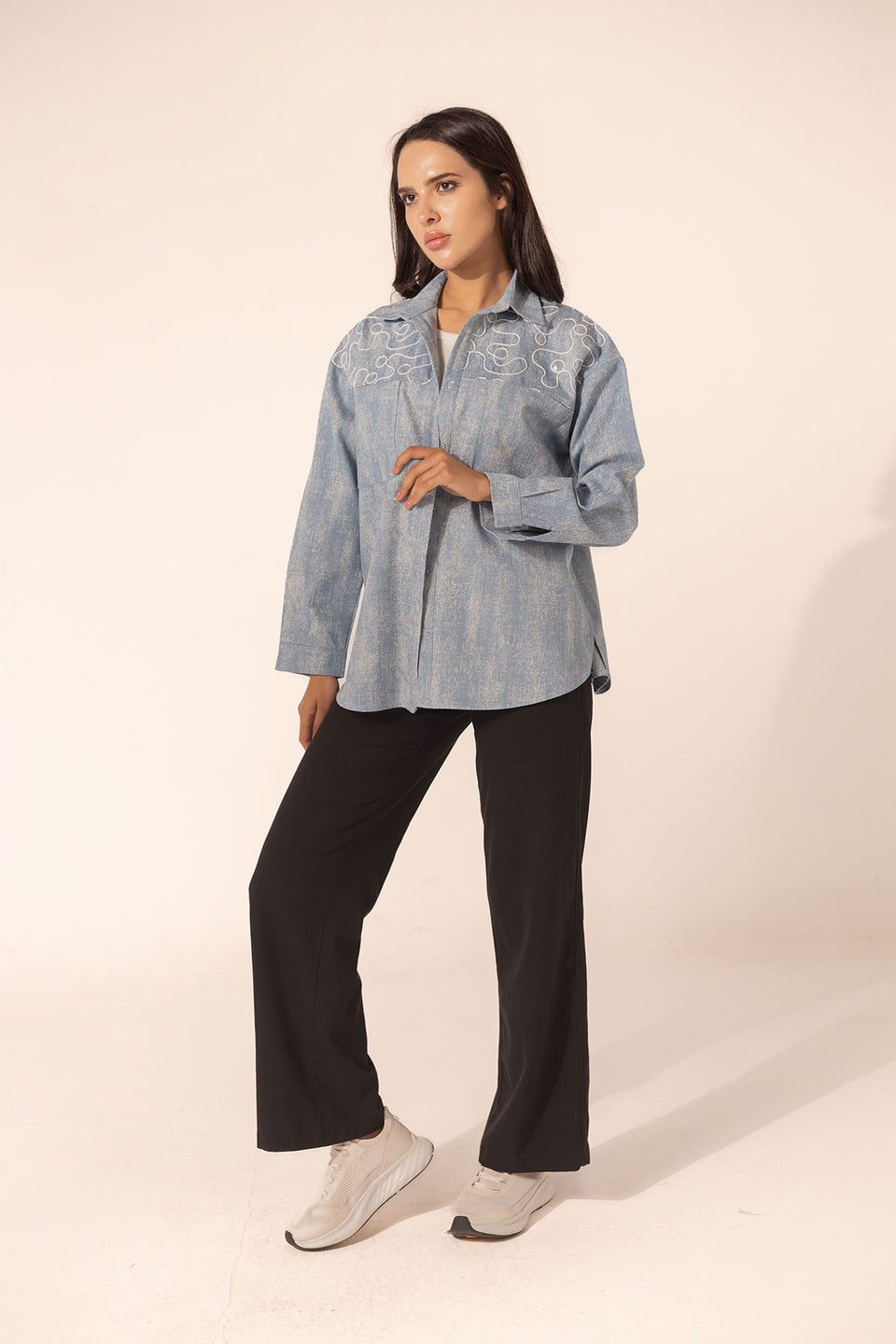 Blue Denim Circular Embroidered Shirt