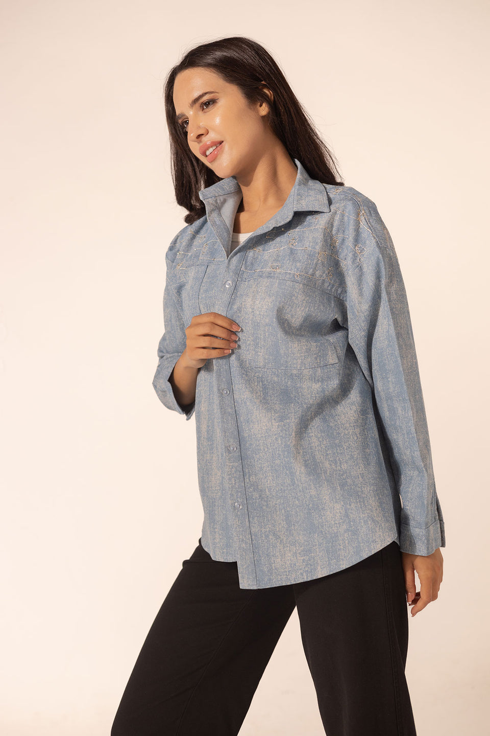 Blue Denim Hearts Embroidered Shirt