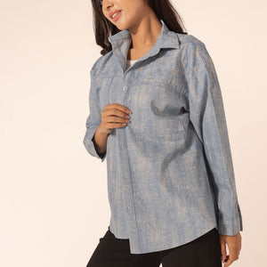 Blue Denim Hearts Embroidered Shirt