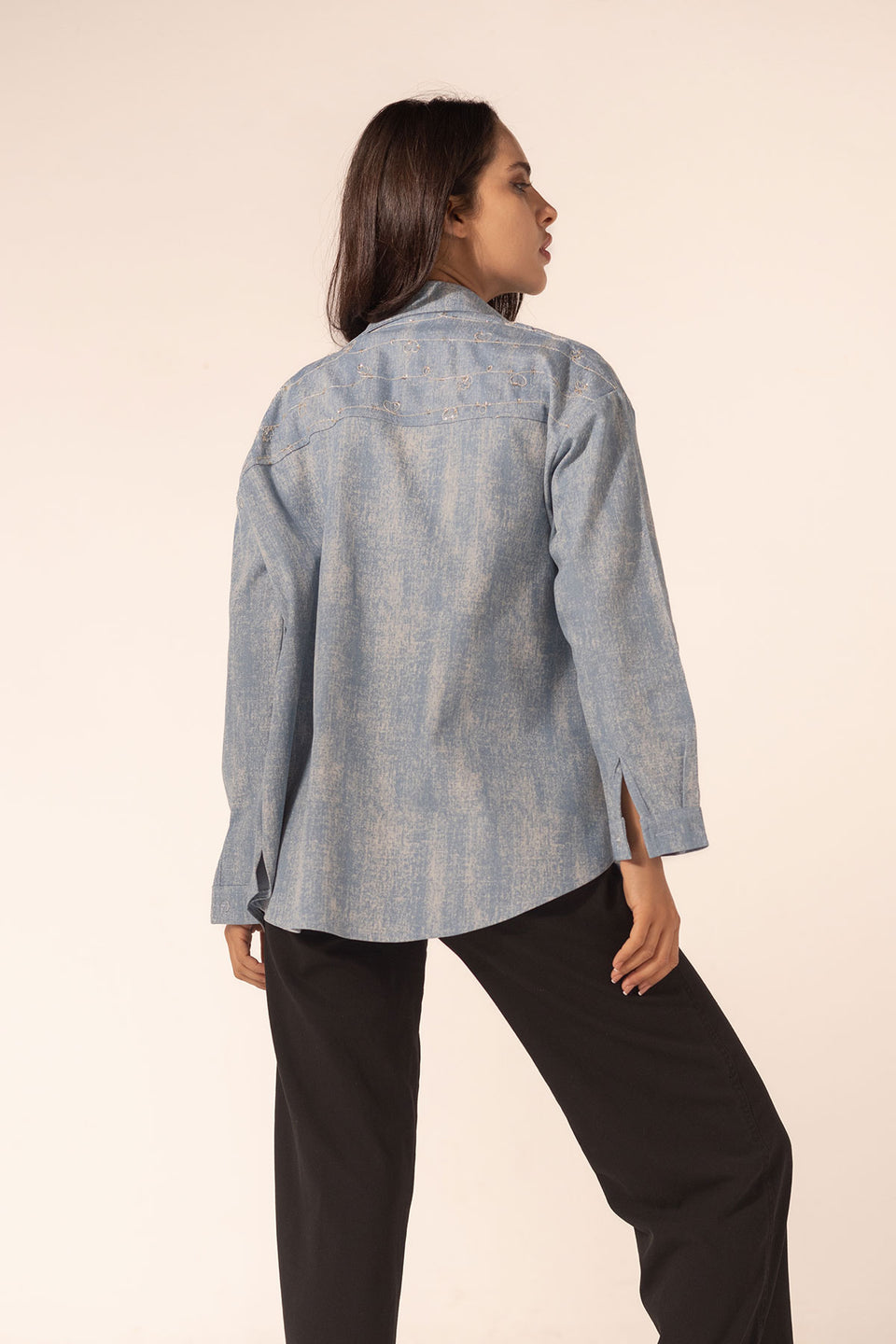 Blue Denim Hearts Embroidered Shirt