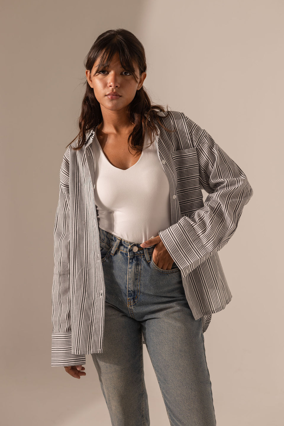 Grey Striped Long Sleeves Shirt