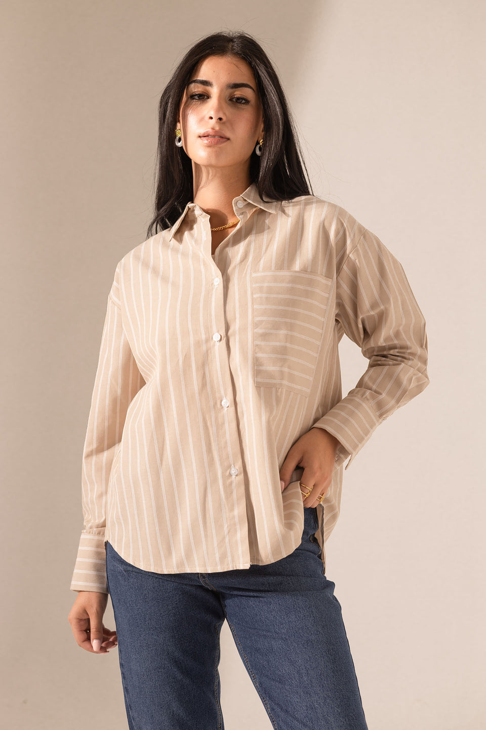 Beige Striped Long Sleeves Shirt