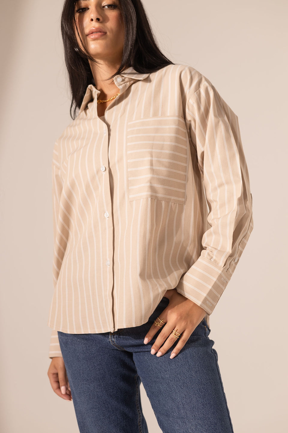 Beige Striped Long Sleeves Shirt