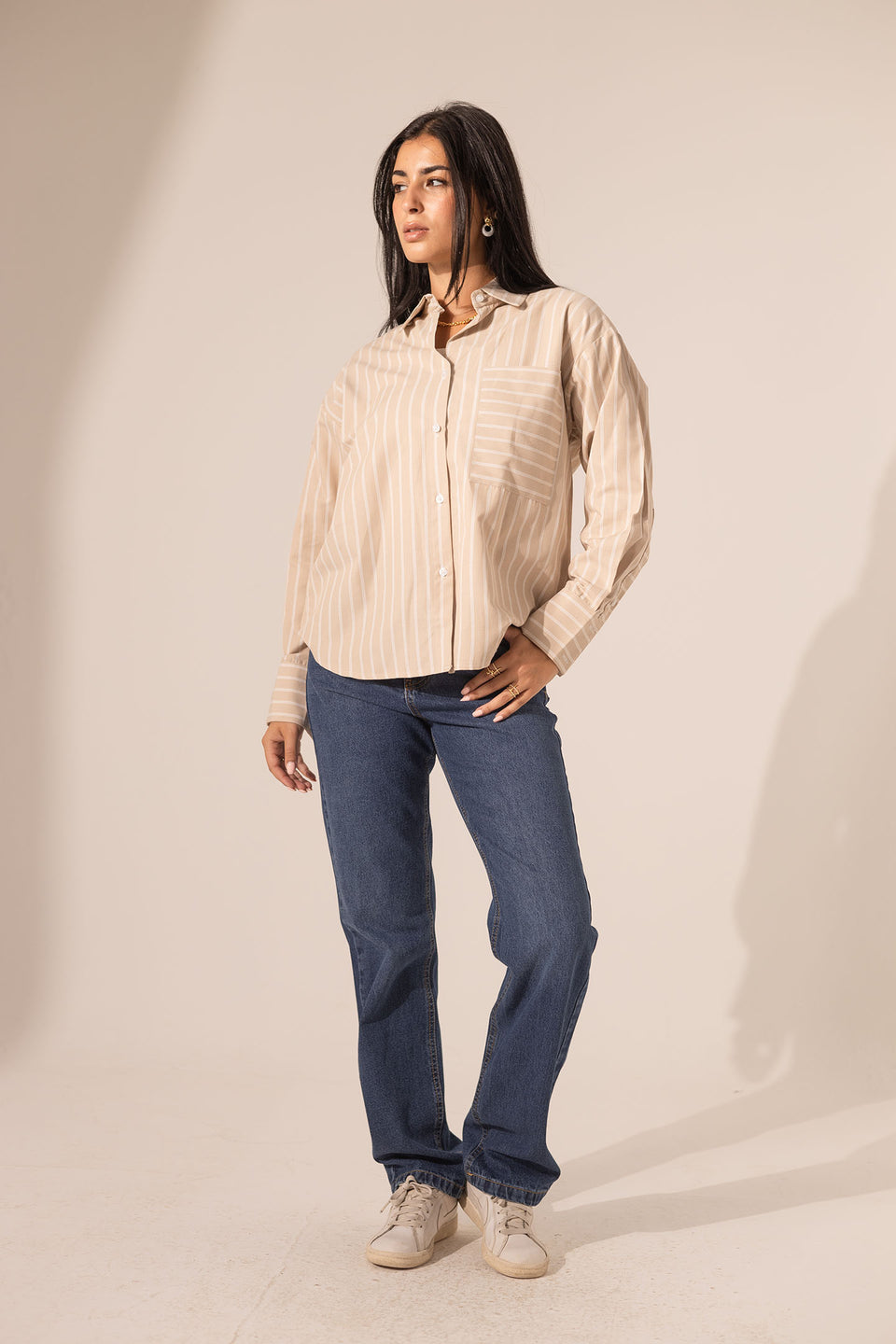 Beige Striped Long Sleeves Shirt