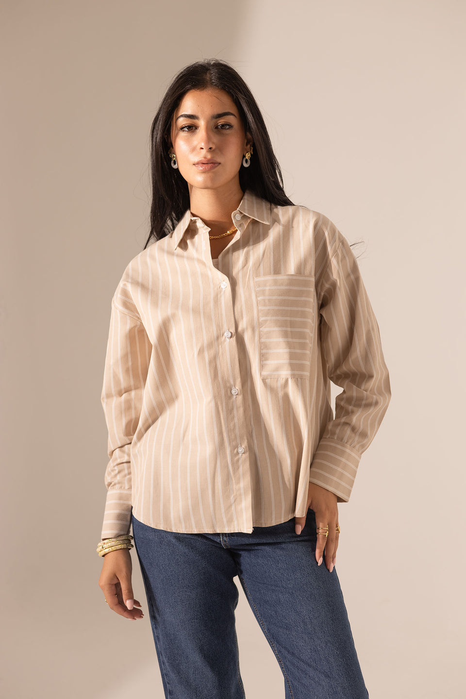 Beige Striped Long Sleeves Shirt