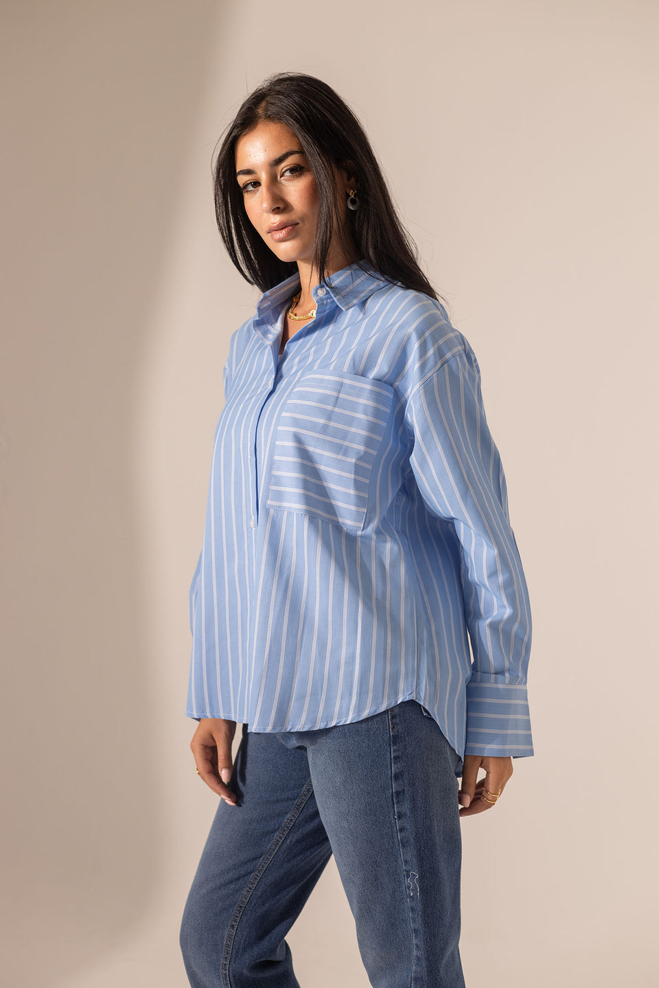 Light Blue Striped Long Sleeves Shirt