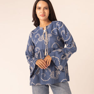 Blue Embroidered Flare Blouse