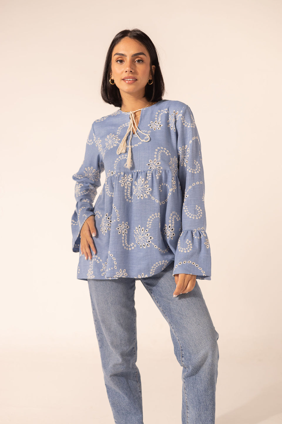 Light Blue Embroidered Flare Blouse