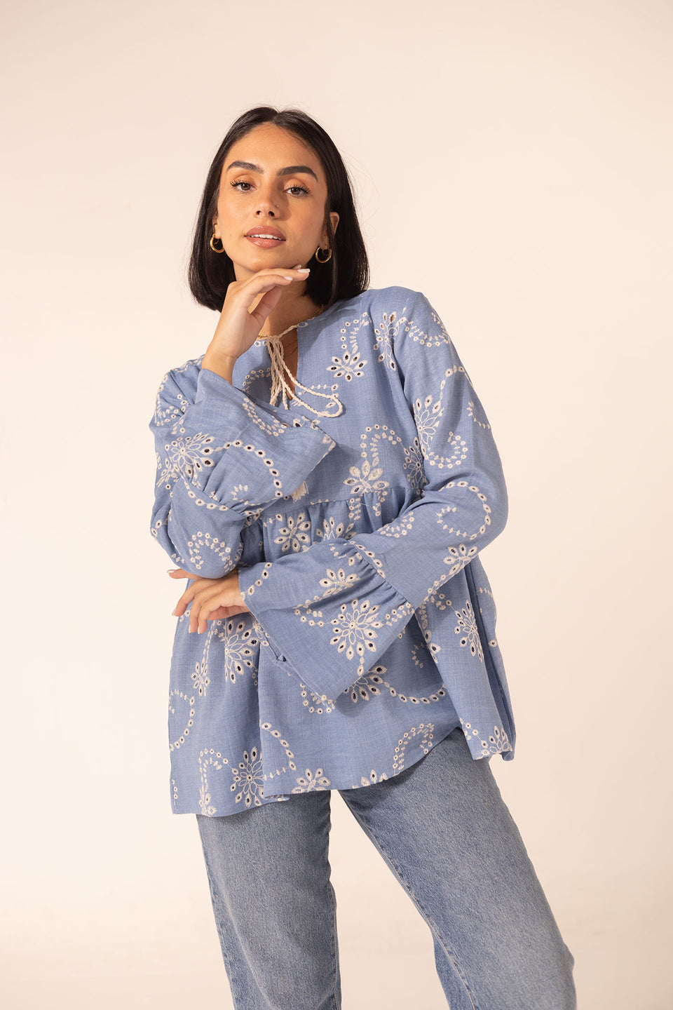 Light Blue Embroidered Flare Blouse