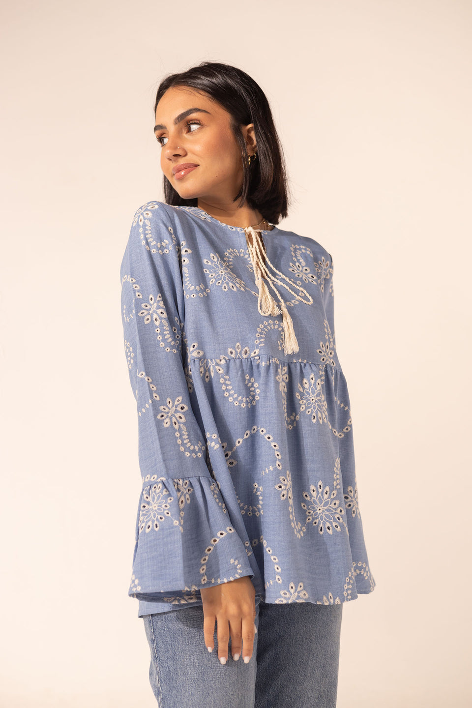 Light Blue Embroidered Flare Blouse