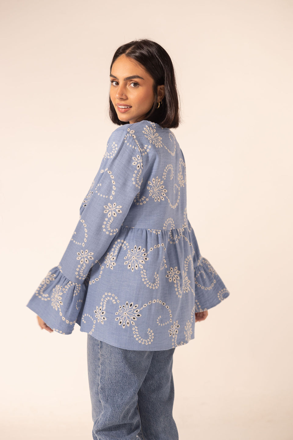 Light Blue Embroidered Flare Blouse