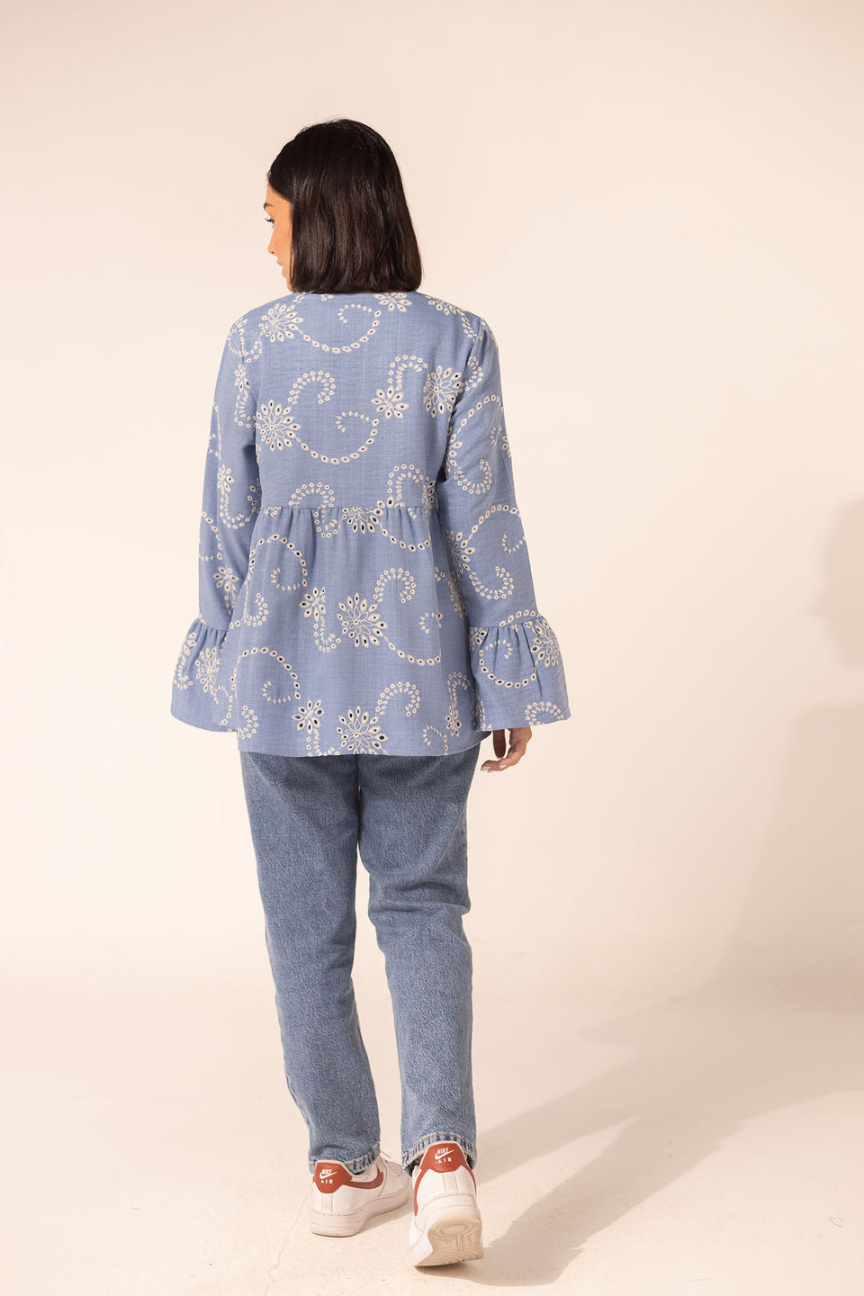 Light Blue Embroidered Flare Blouse