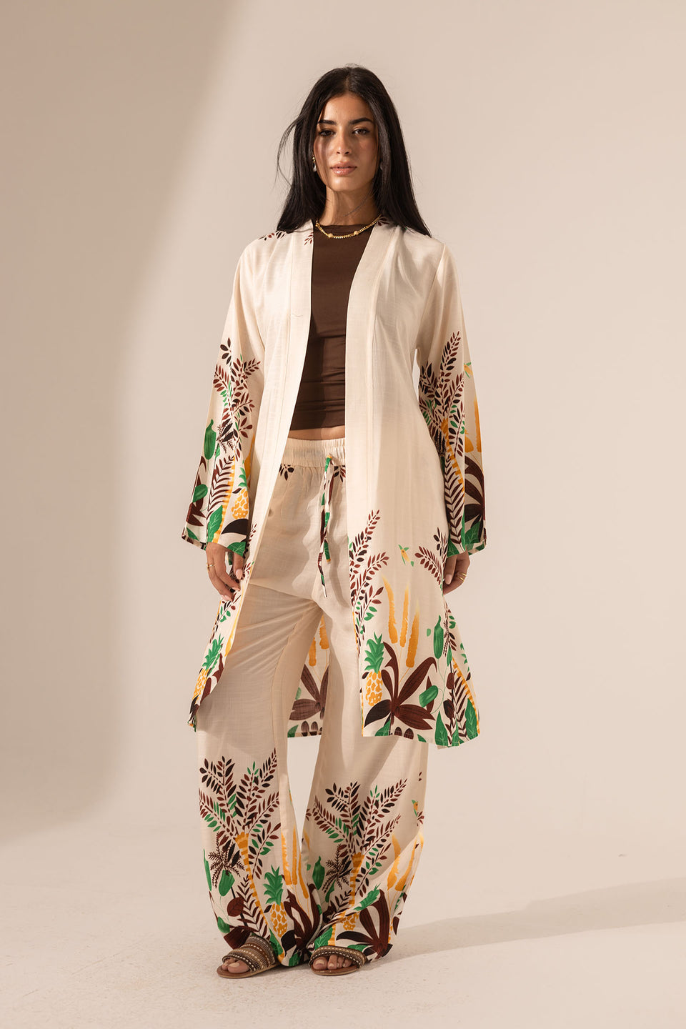 Beige Tropical Print Co-Ord Set