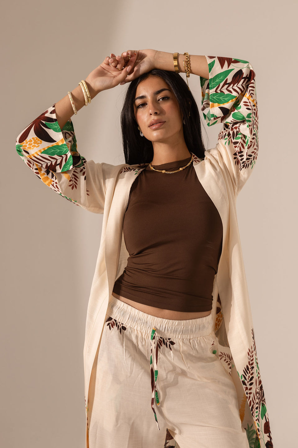 Beige Tropical Print Co-Ord Set