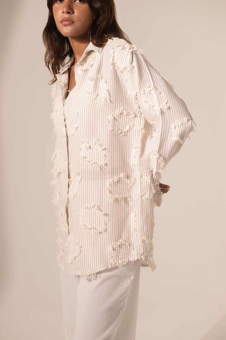 Brown Frayed Stripe Oversized Shirt