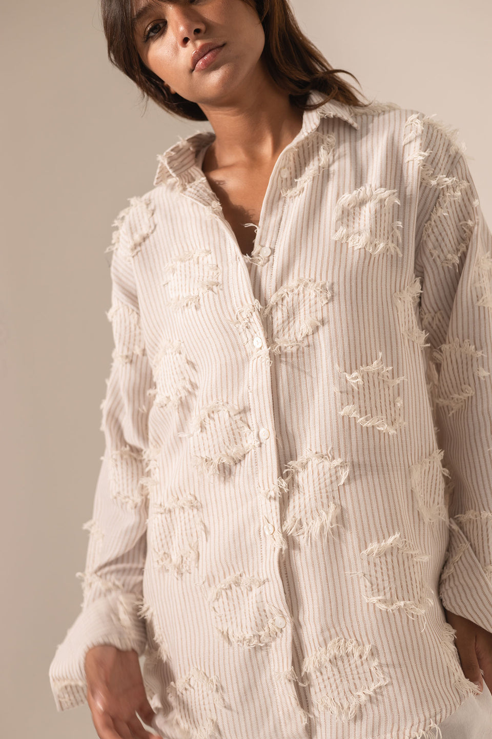 Brown Frayed Stripe Oversized Shirt