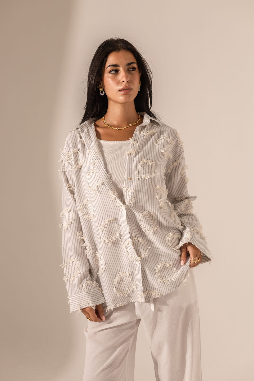 Grey Frayed Stripe Oversized Shirt