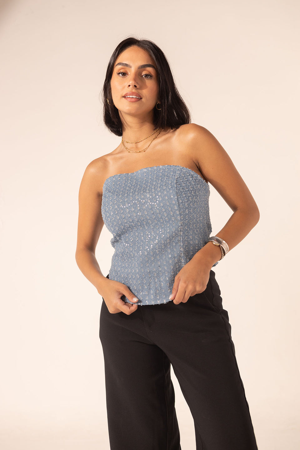 Blue Sparkly Strapless Top