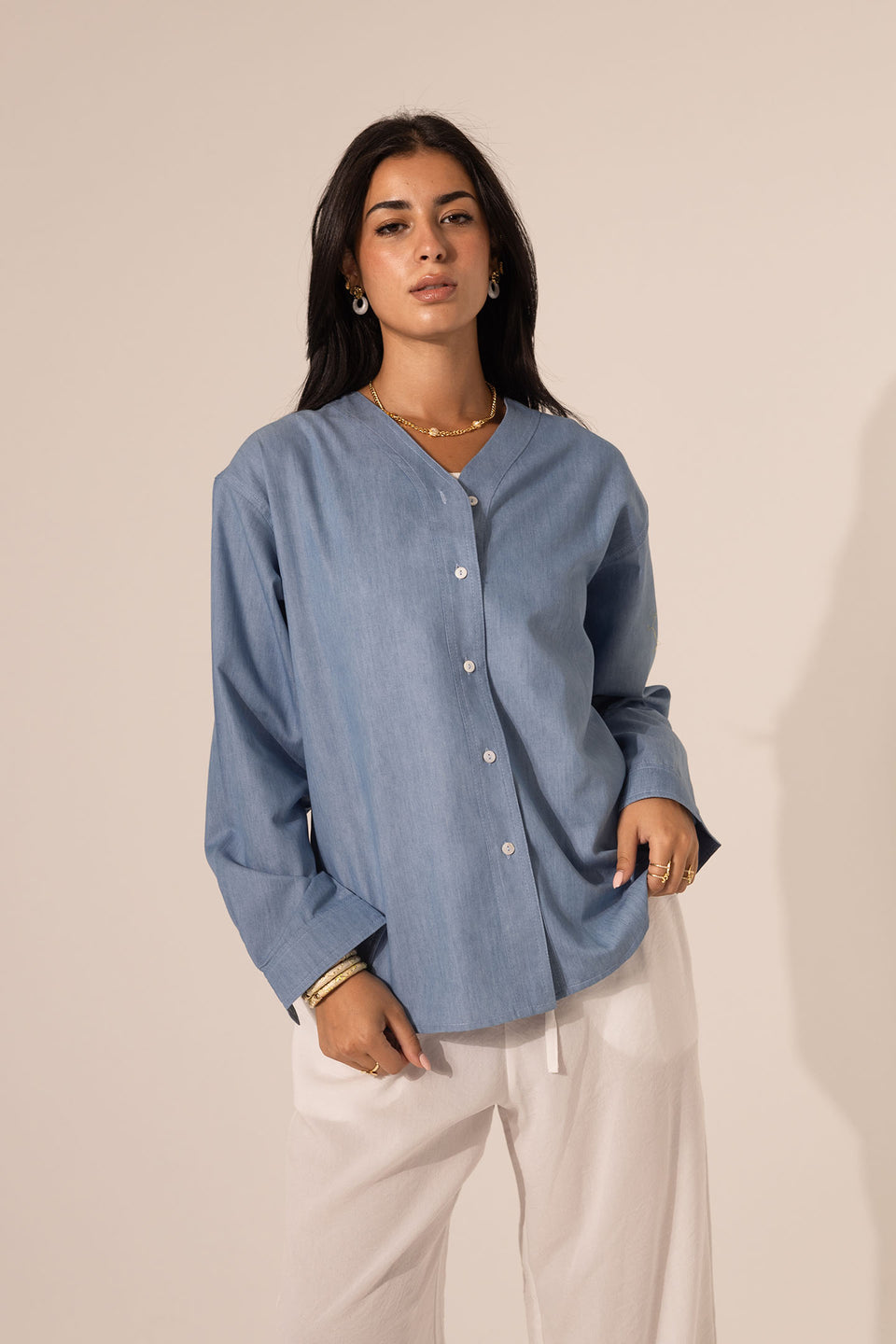 Light Denim V-Neck Button-Down Shirt