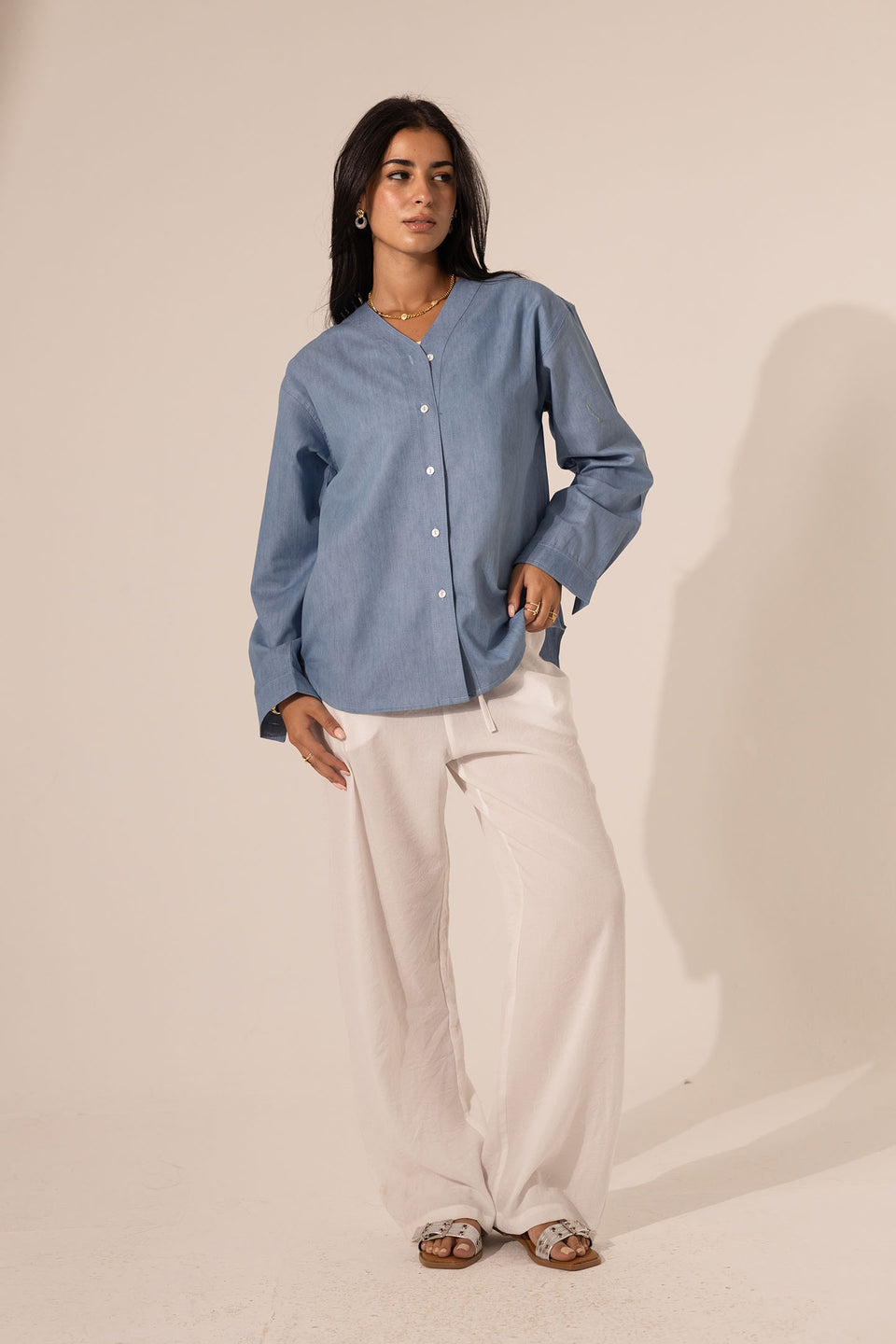 Light Denim V-Neck Button-Down Shirt