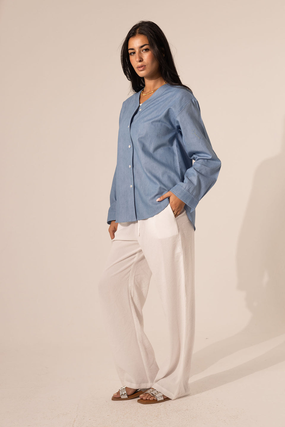 Light Denim V-Neck Button-Down Shirt