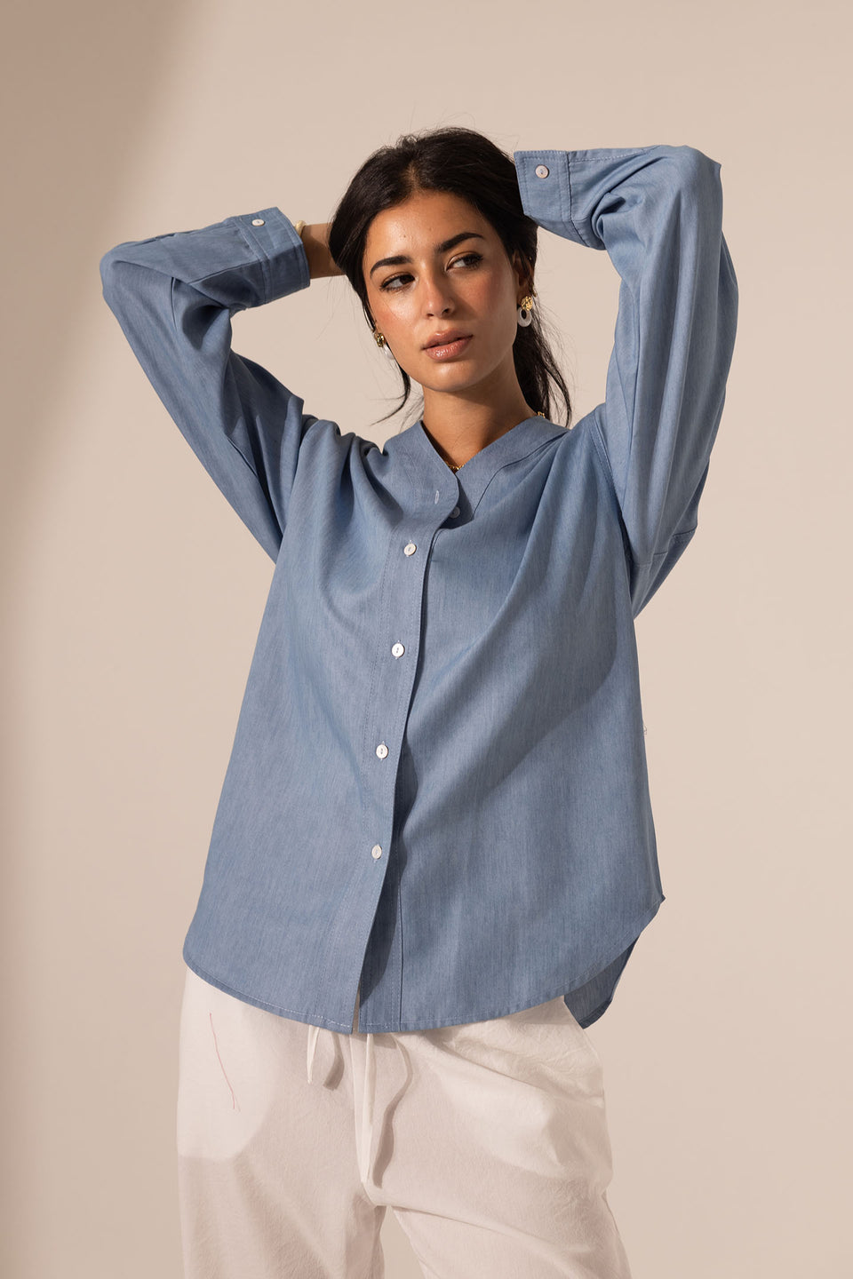 Light Denim V-Neck Button-Down Shirt