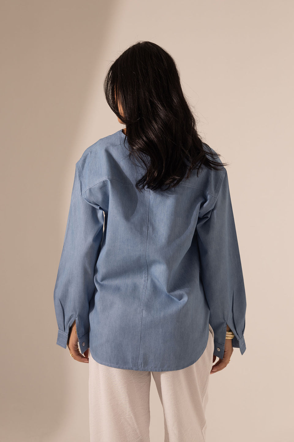 Light Denim V-Neck Button-Down Shirt