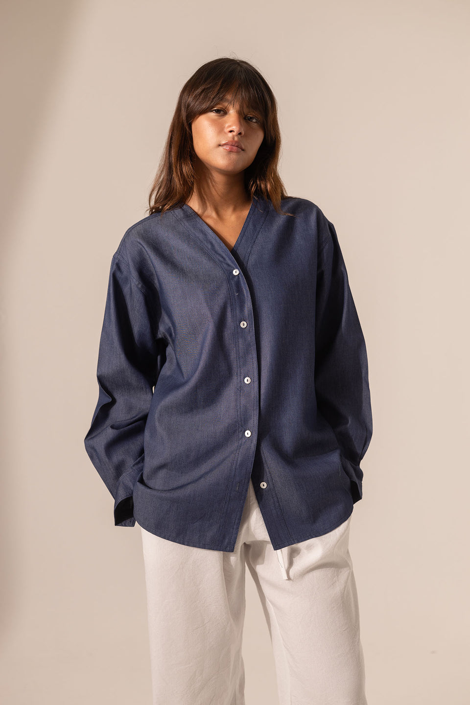 Dark Denim V-Neck Button-Down Shirt
