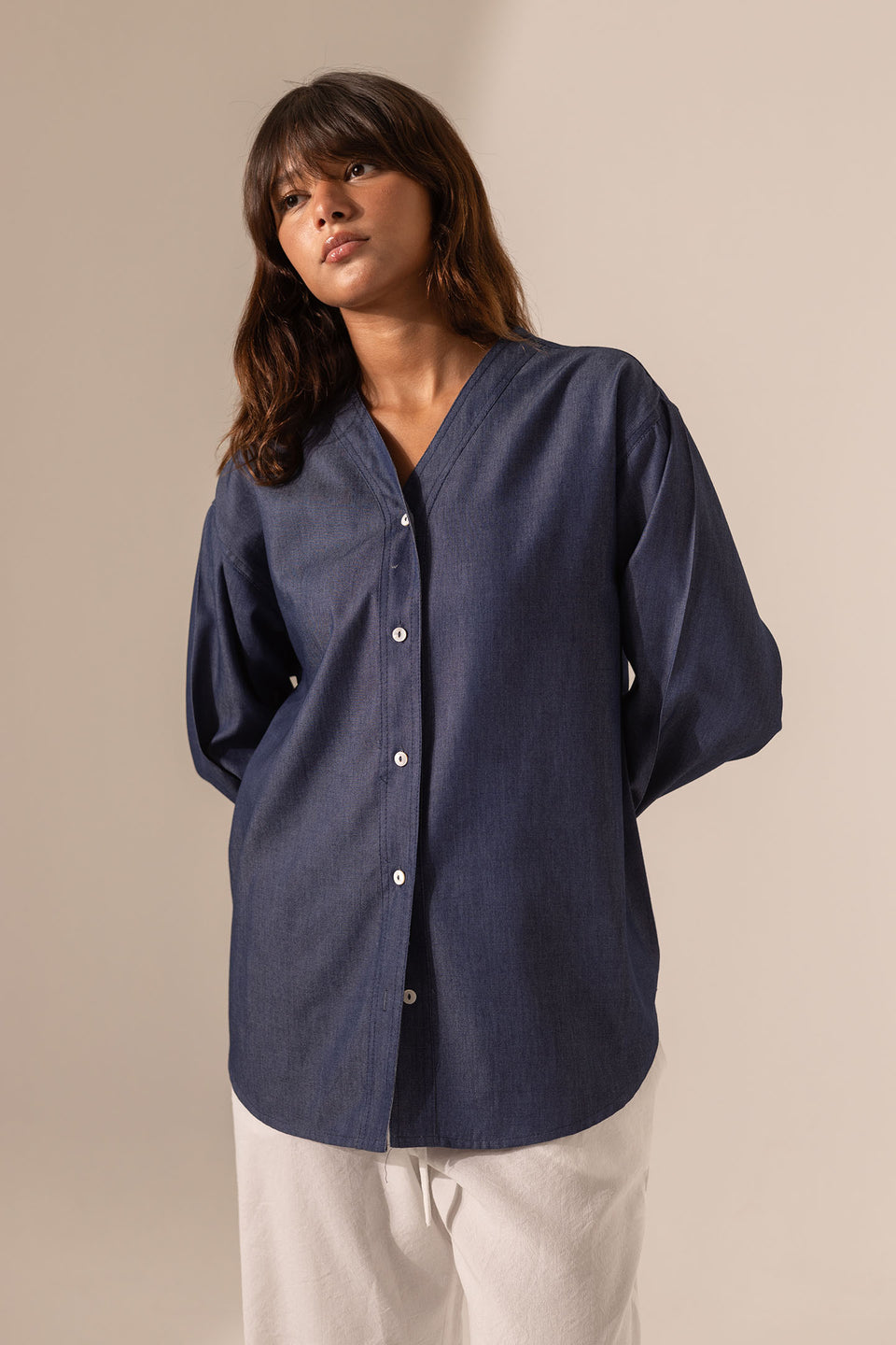 Dark Denim V-Neck Button-Down Shirt