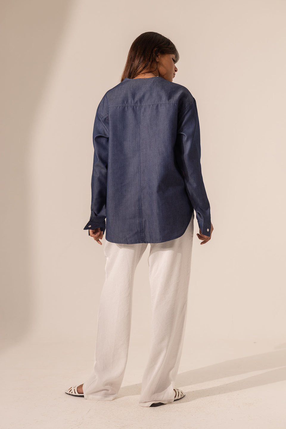 Dark Denim V-Neck Button-Down Shirt