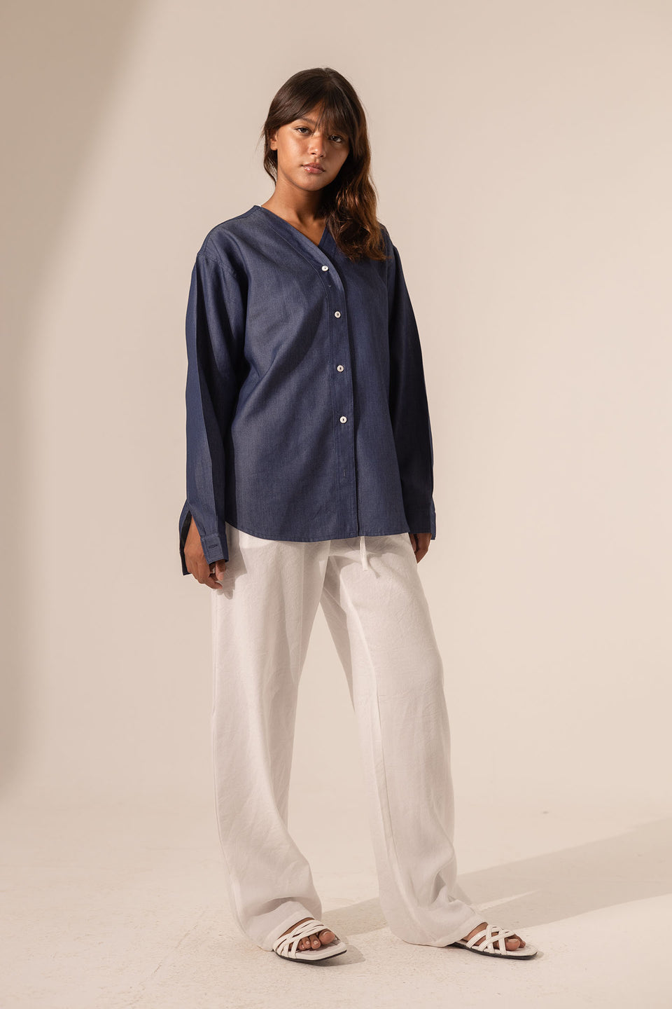 Dark Denim V-Neck Button-Down Shirt