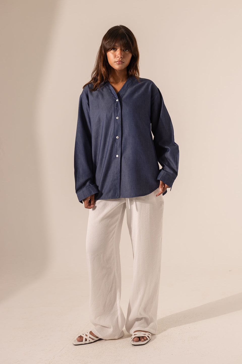 Dark Denim V-Neck Button-Down Shirt