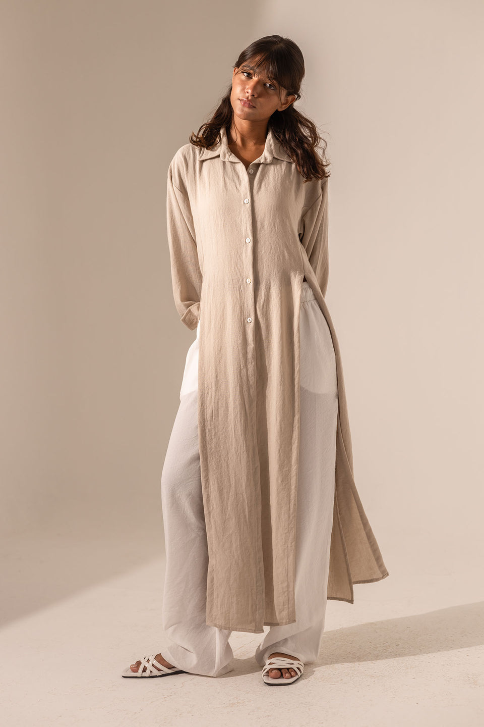 Beige Side-Slit Linen Long Shirt