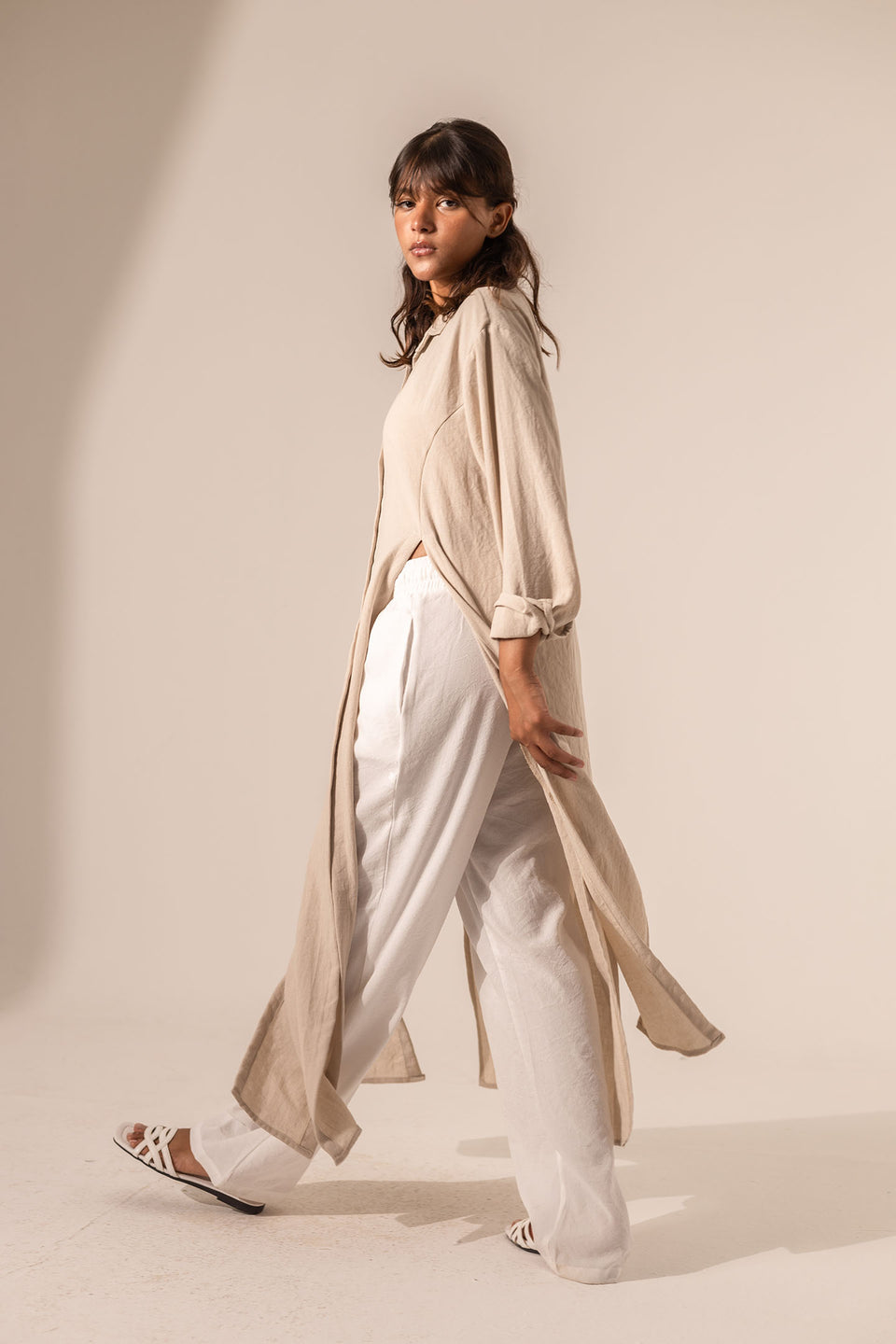 Beige Side-Slit Linen Long Shirt
