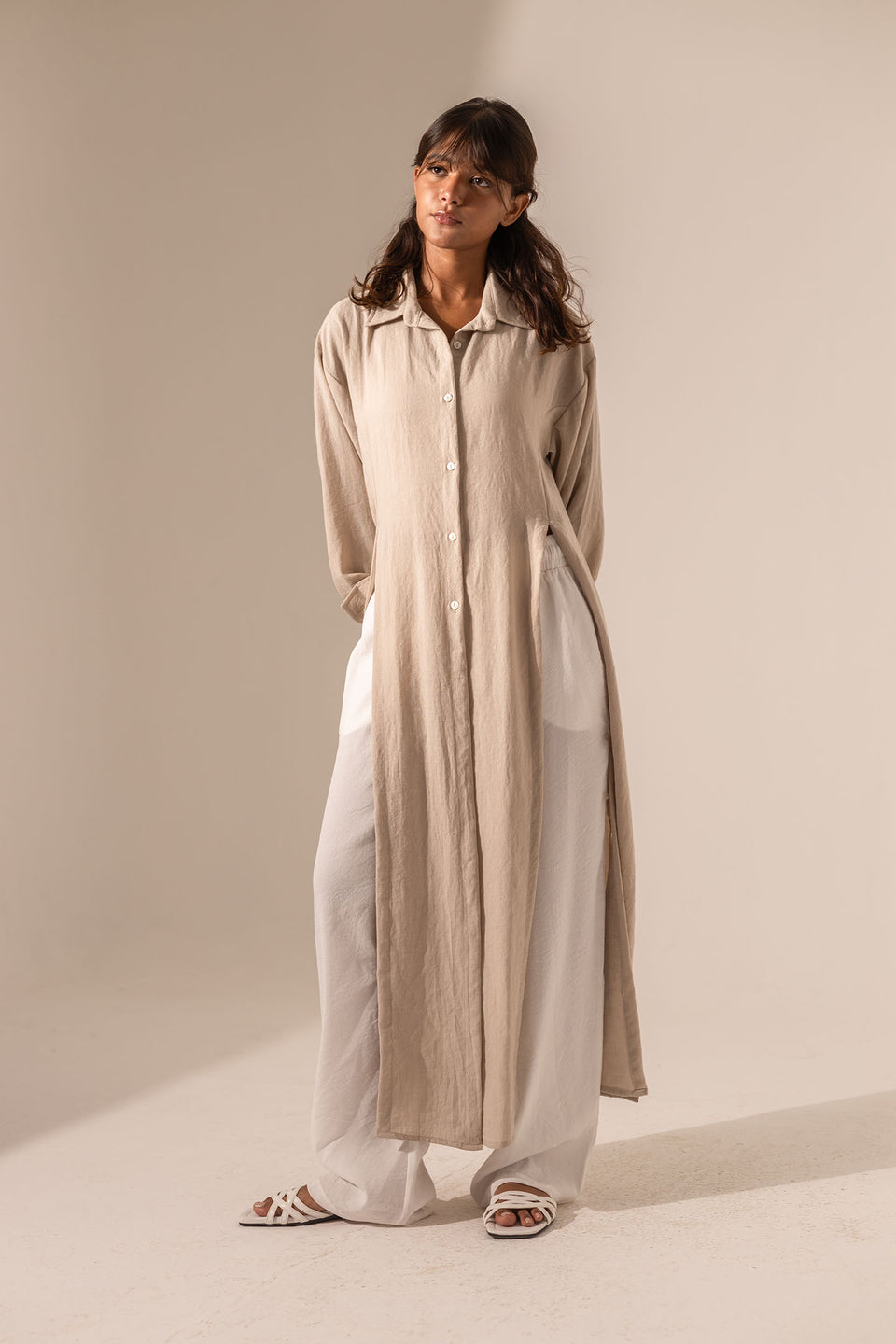 Beige Side-Slit Linen Long Shirt