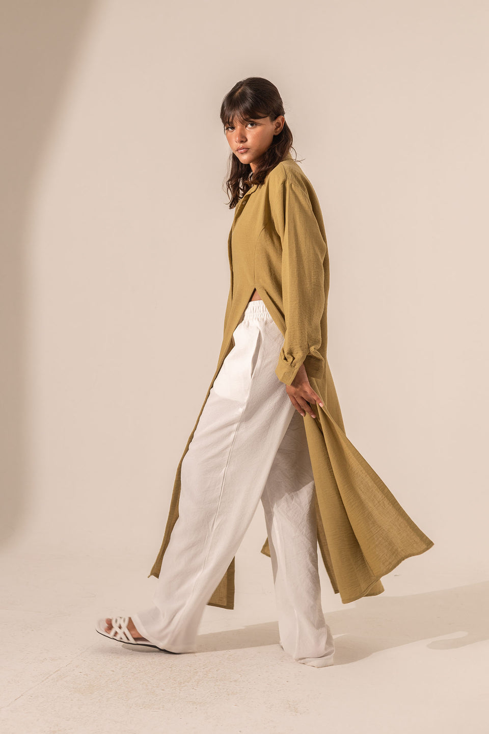 Olive Side-Slit Linen Long Shirt