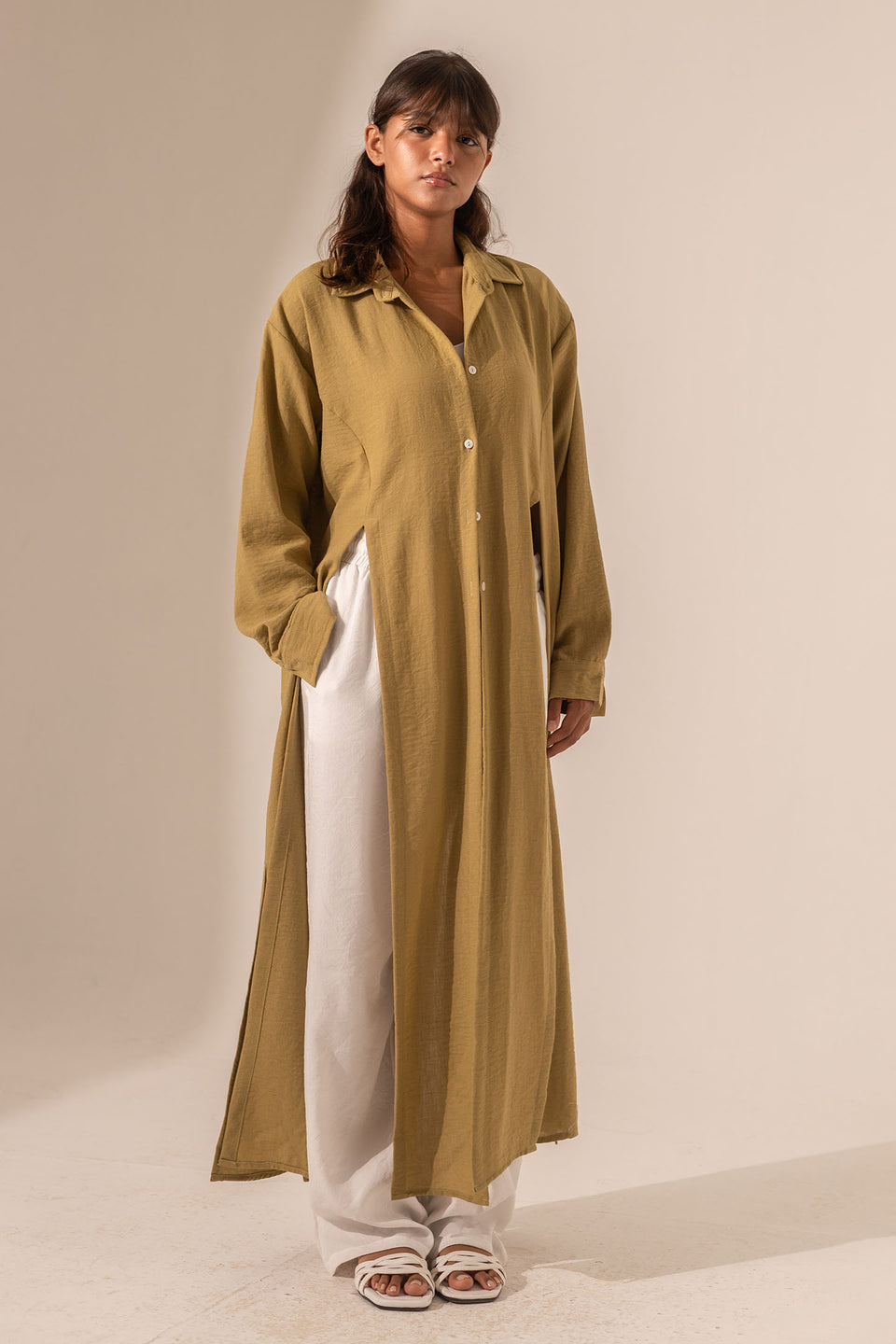Olive Side-Slit Linen Long Shirt