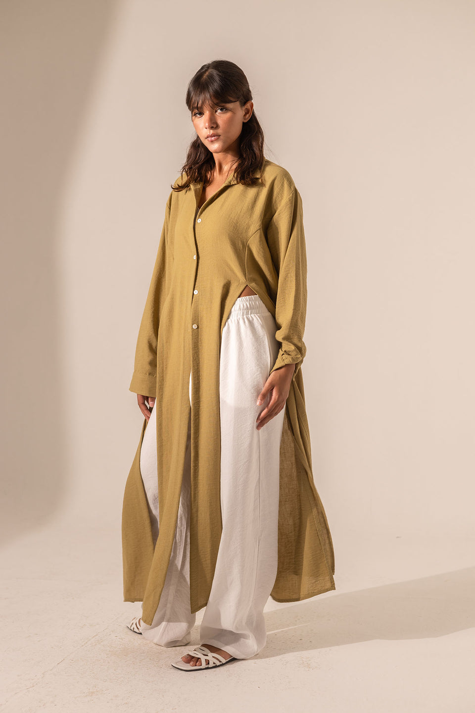 Olive Side-Slit Linen Long Shirt