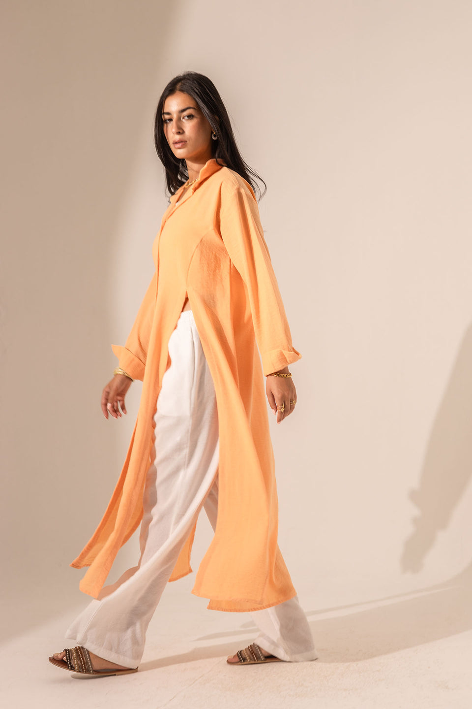 Orange Side-Slit Linen Long Shirt