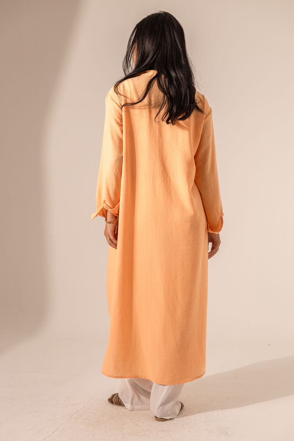 Orange Side-Slit Linen Long Shirt