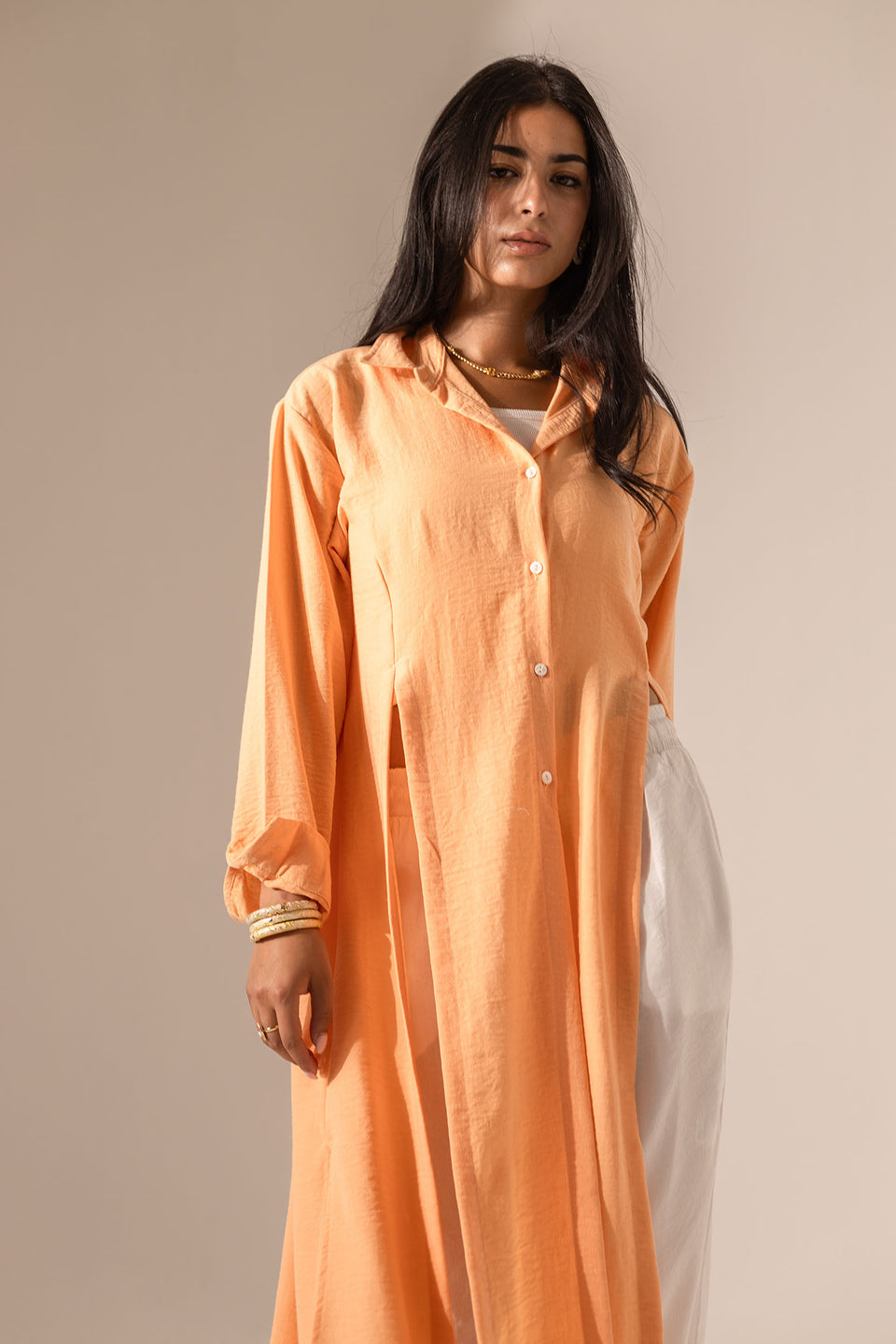Orange Side-Slit Linen Long Shirt