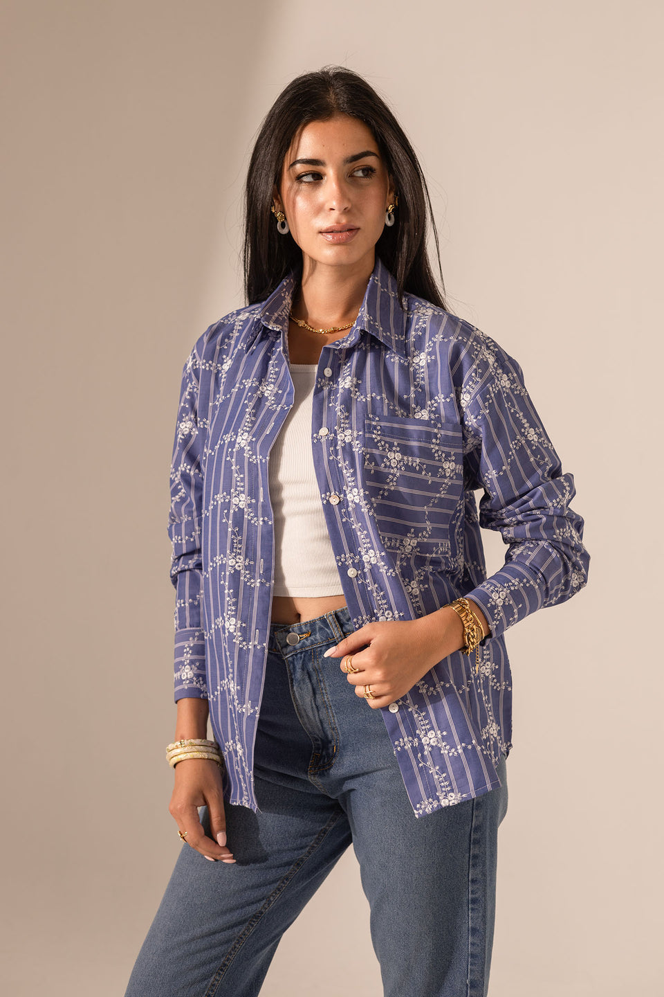 Navy Embroidered Long Sleeves Shirt