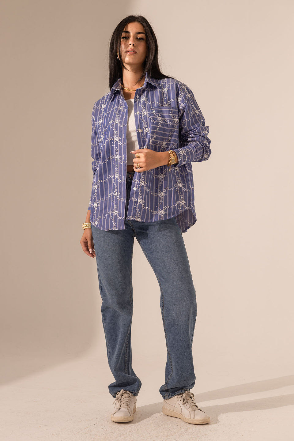 Navy Embroidered Long Sleeves Shirt