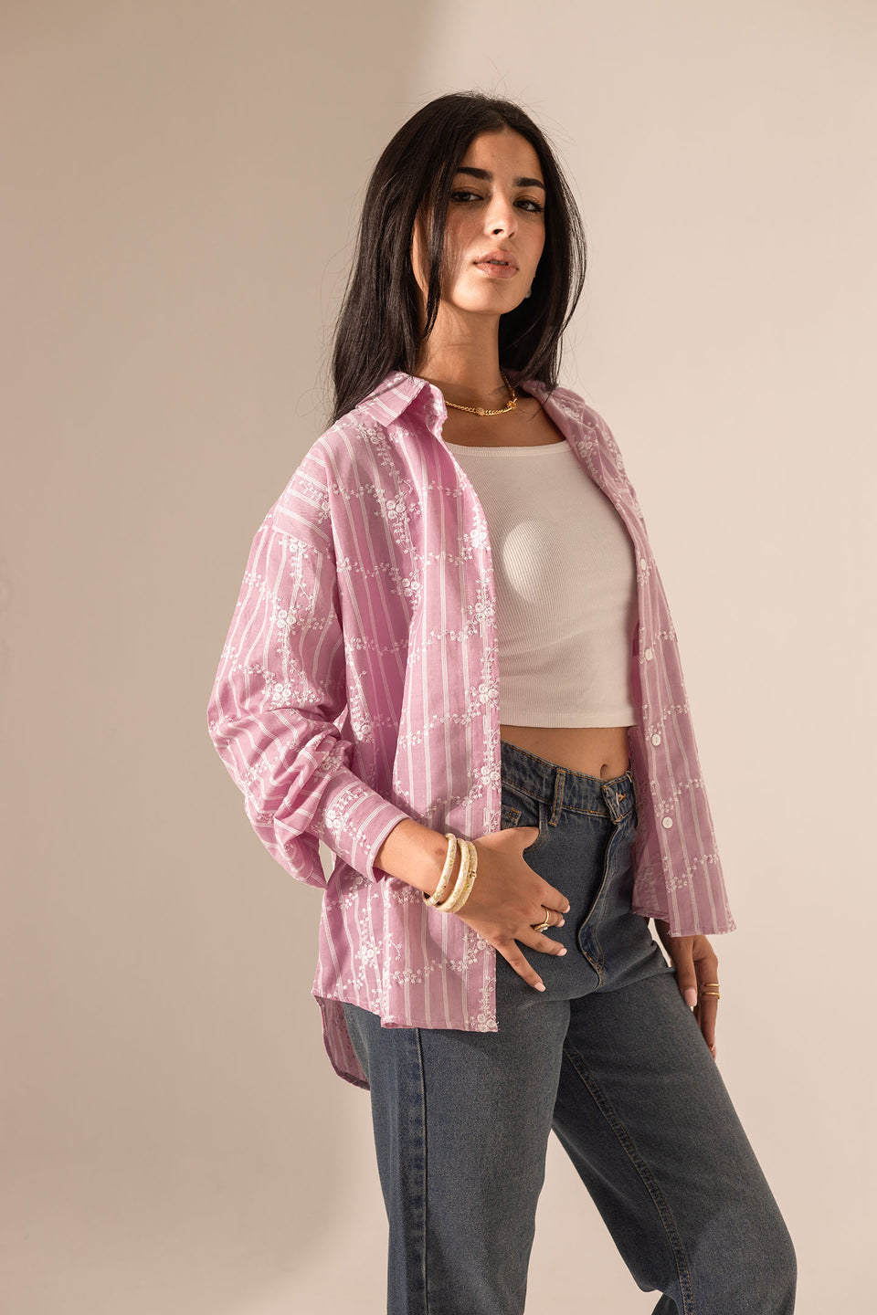 Pink Embroidered Long Sleeves Shirt